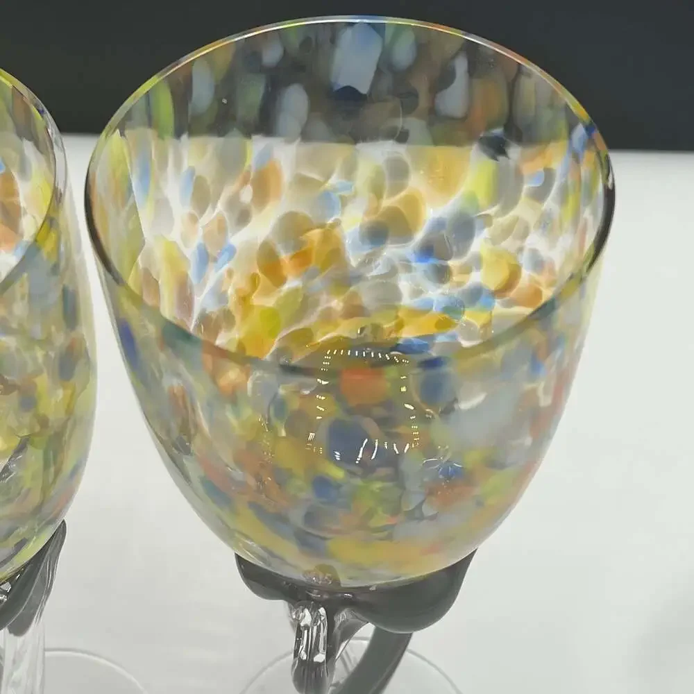 Jozefina Krosno Poland Wine Set of 2 Glass Goblets Multi Color Confetti  9